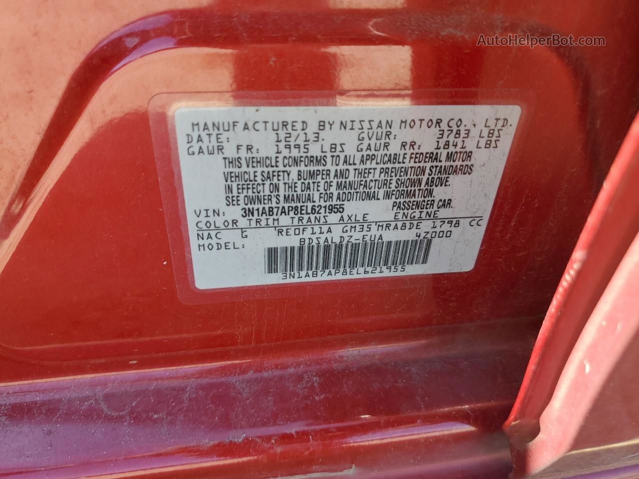2014 Nissan Sentra S Red vin: 3N1AB7AP8EL621955