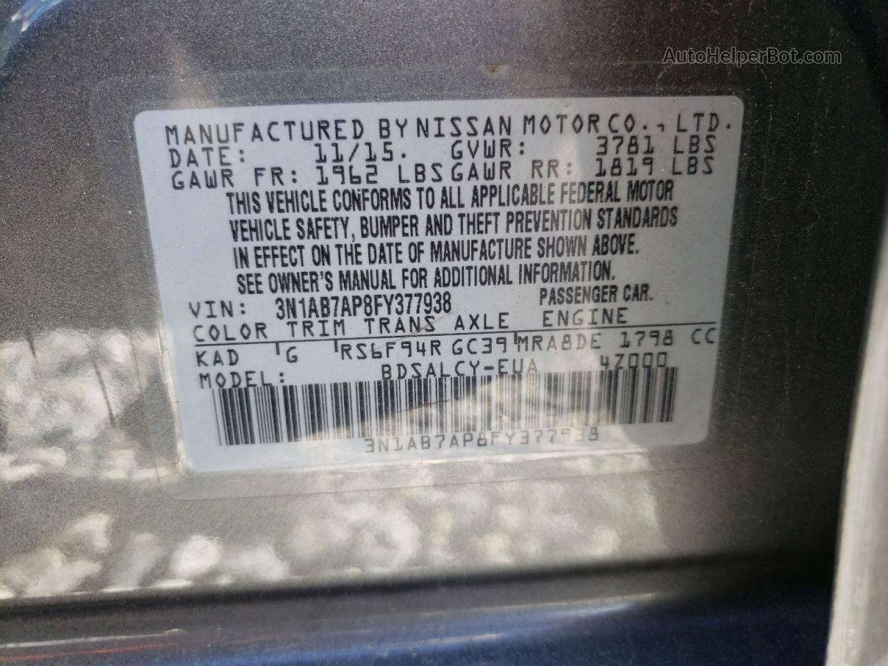 2015 Nissan Sentra S Gray vin: 3N1AB7AP8FY377938