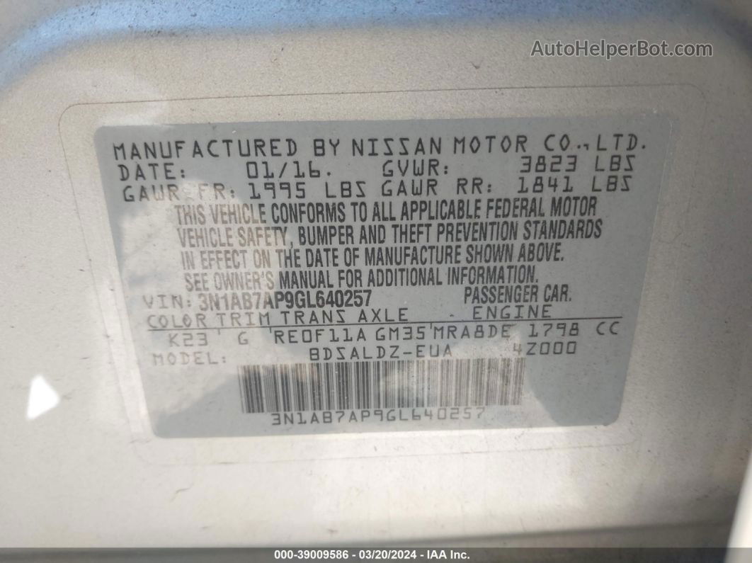 2016 Nissan Sentra Fe+ S/s/sl/sr/sv Silver vin: 3N1AB7AP9GL640257