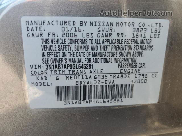 2016 Nissan Sentra S Серый vin: 3N1AB7AP9GL645281