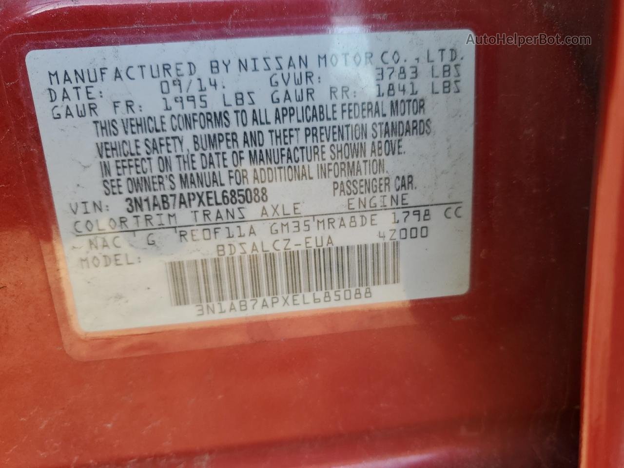 2014 Nissan Sentra S Red vin: 3N1AB7APXEL685088