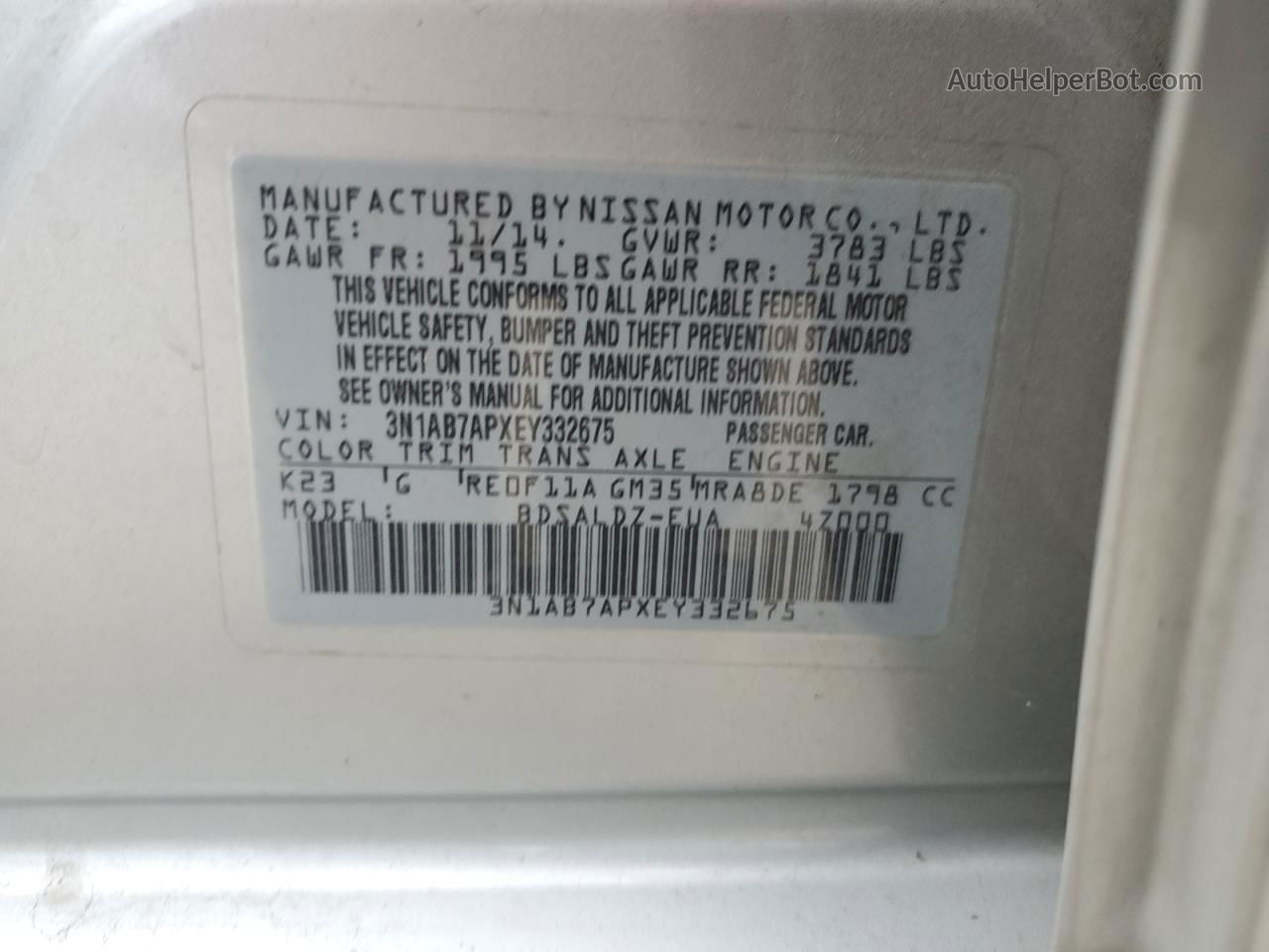 2014 Nissan Sentra S Silver vin: 3N1AB7APXEY332675