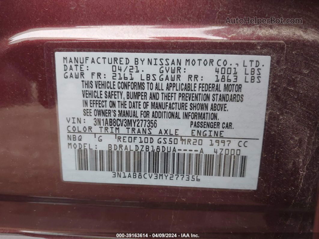 2021 Nissan Sentra Sv Xtronic Cvt Maroon vin: 3N1AB8CV3MY277356