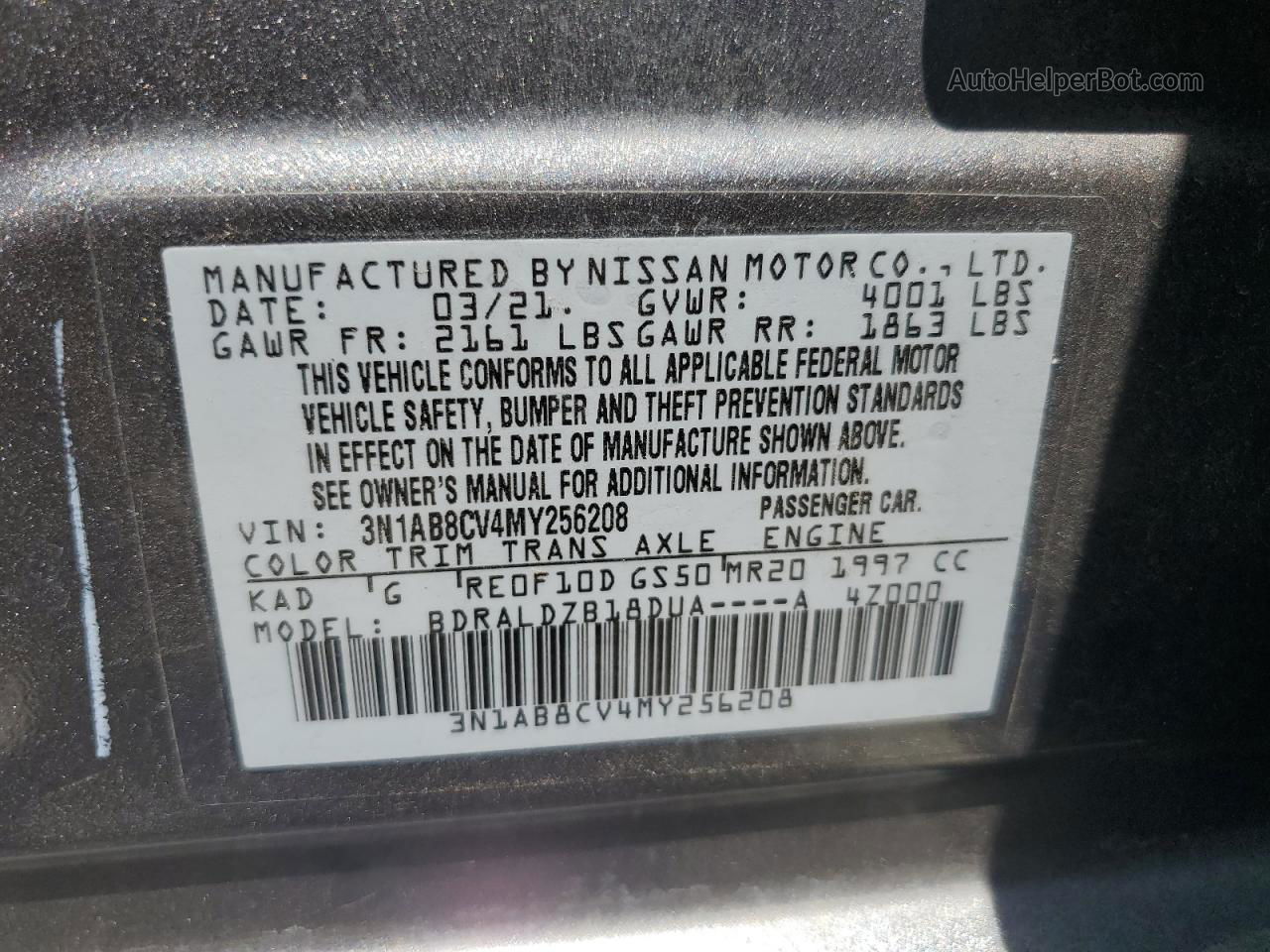 2021 Nissan Sentra Sv Charcoal vin: 3N1AB8CV4MY256208