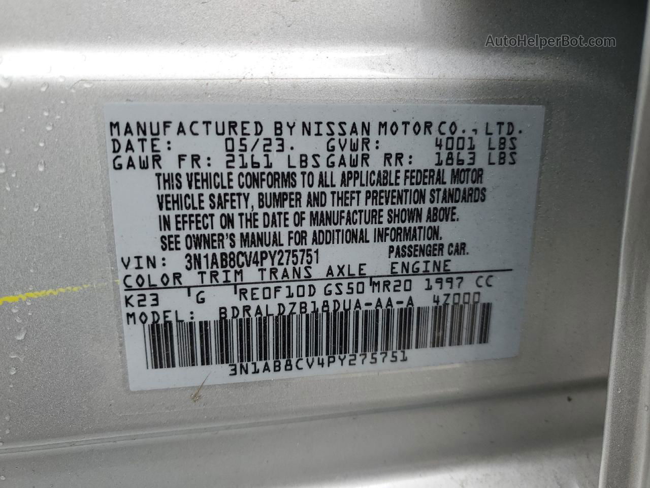 2023 Nissan Sentra Sv Silver vin: 3N1AB8CV4PY275751