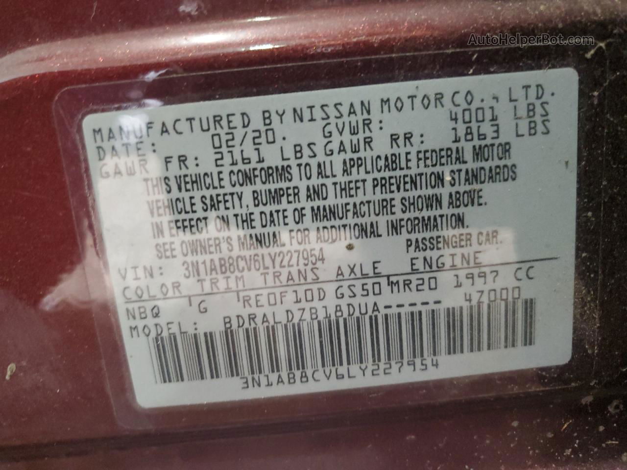 2020 Nissan Sentra Sv Maroon vin: 3N1AB8CV6LY227954