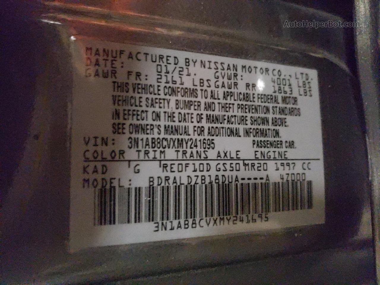 2021 Nissan Sentra Sv Gray vin: 3N1AB8CVXMY241695