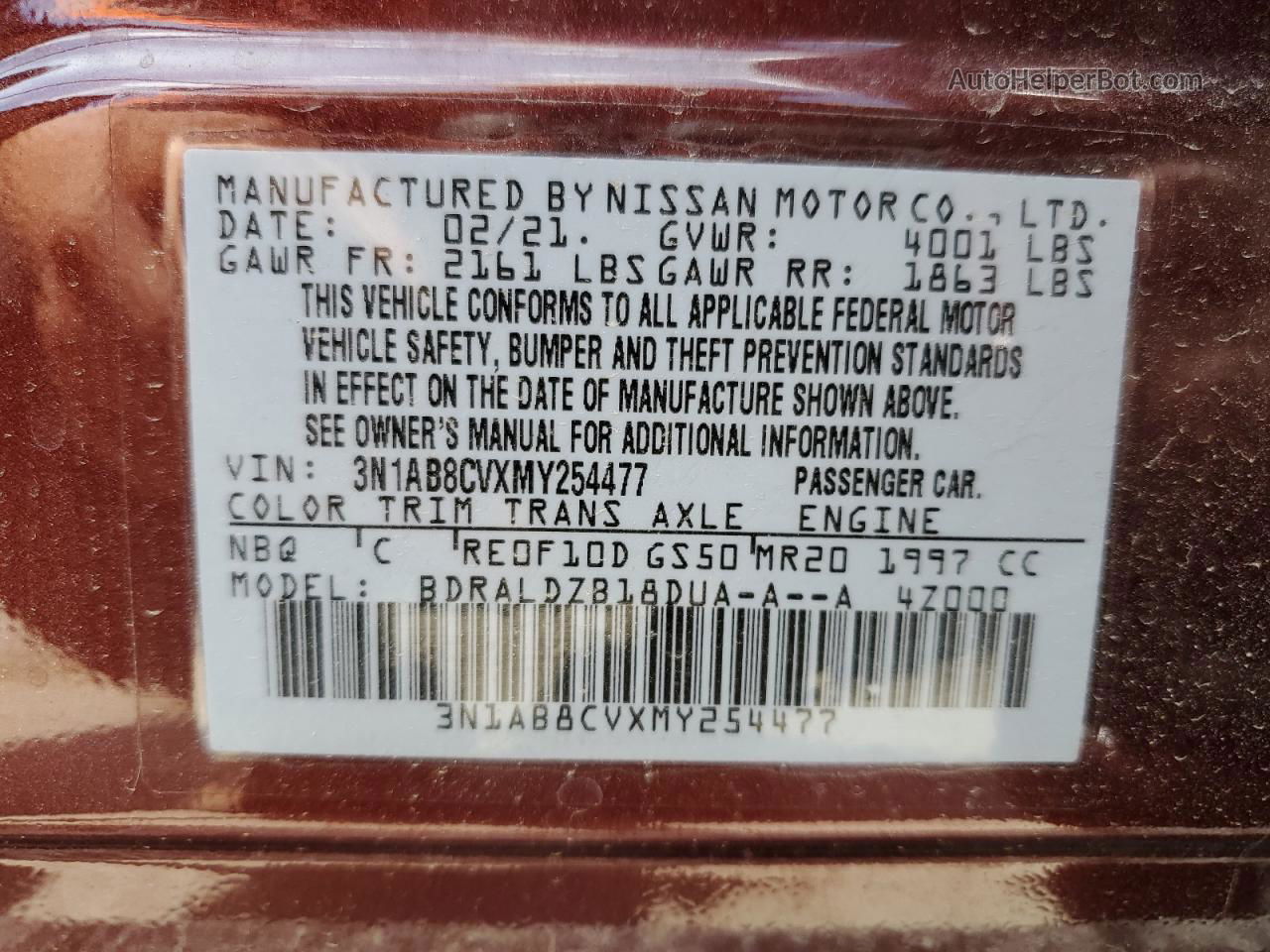 2021 Nissan Sentra Sv Burgundy vin: 3N1AB8CVXMY254477