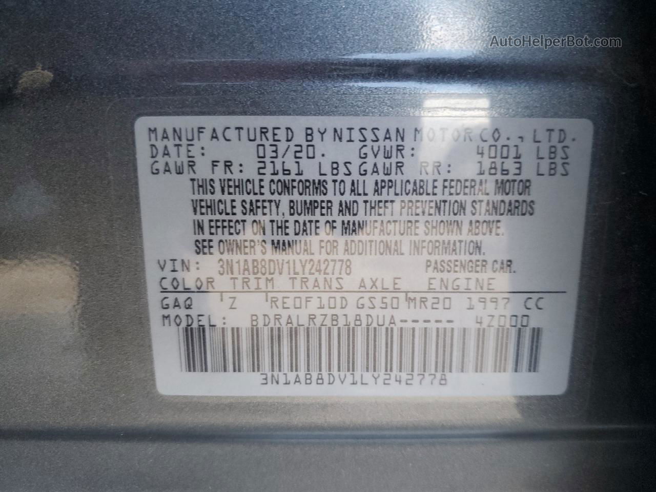 2020 Nissan Sentra Sr Gray vin: 3N1AB8DV1LY242778