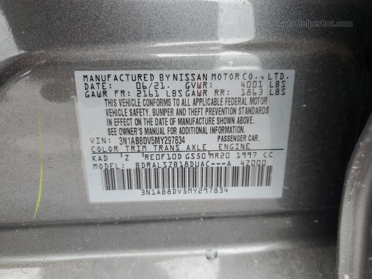 2021 Nissan Sentra Sr Charcoal vin: 3N1AB8DV5MY297834