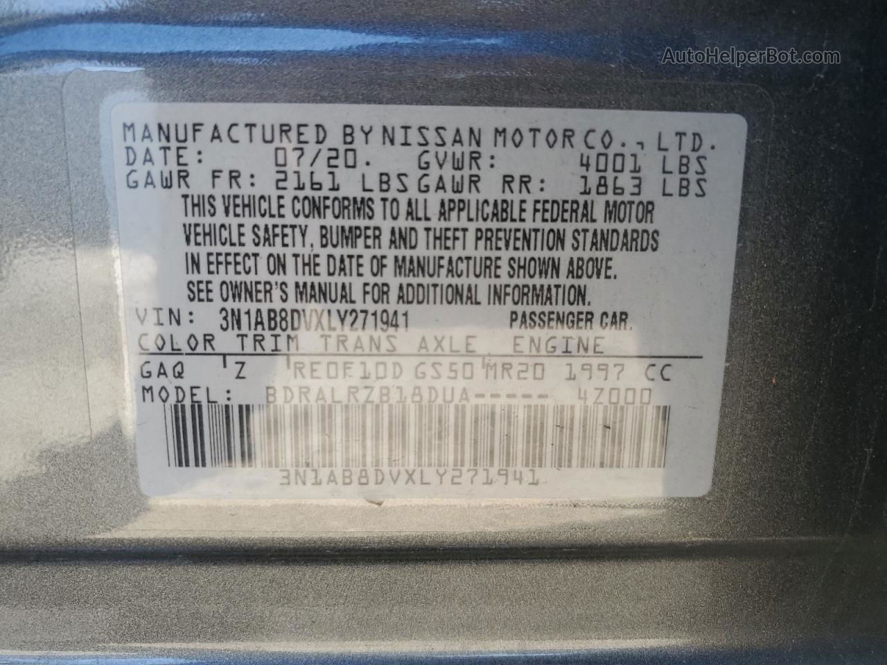 2020 Nissan Sentra Sr Gray vin: 3N1AB8DVXLY271941