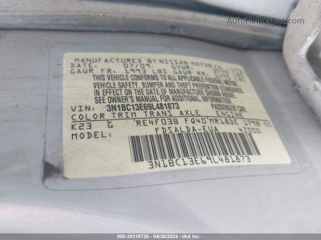 2009 Nissan Versa 1.8s Silver vin: 3N1BC13E69L481873