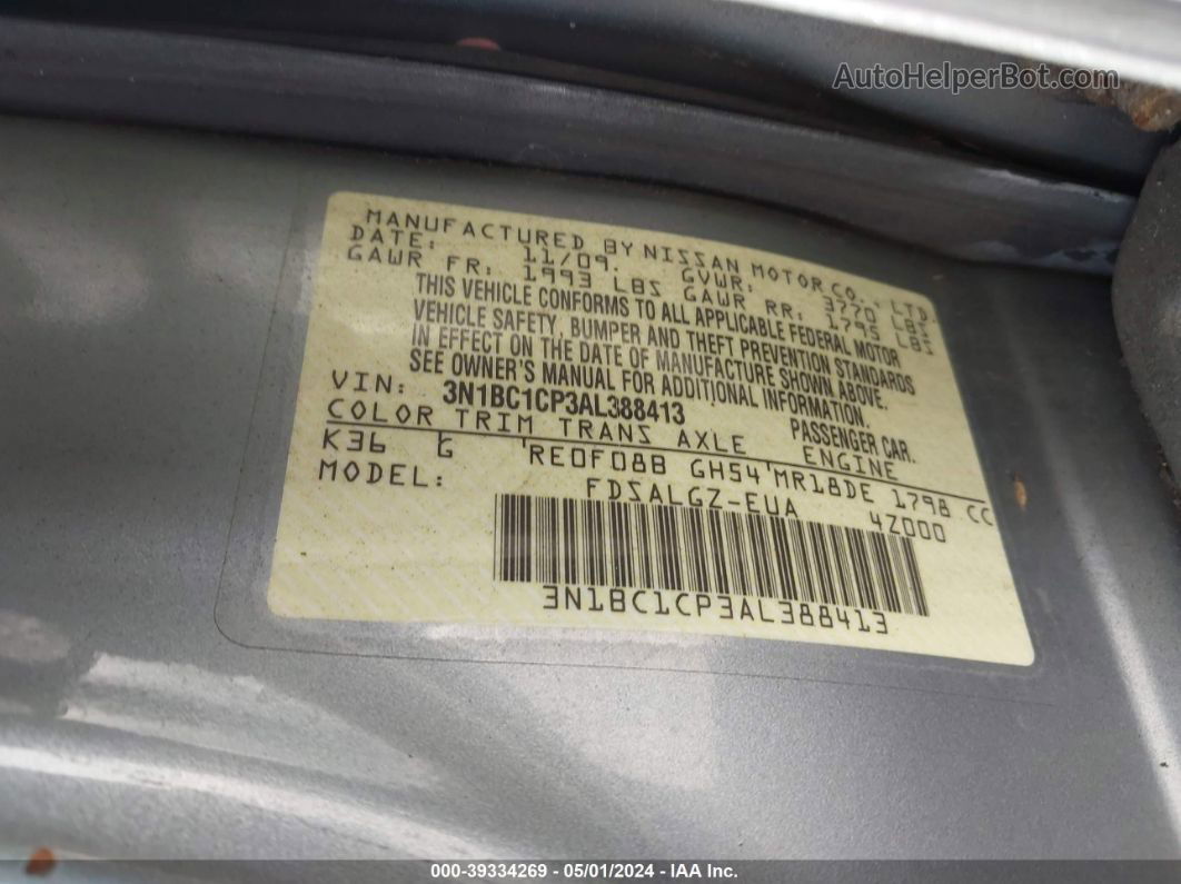 2010 Nissan Versa 1.8sl Silver vin: 3N1BC1CP3AL388413