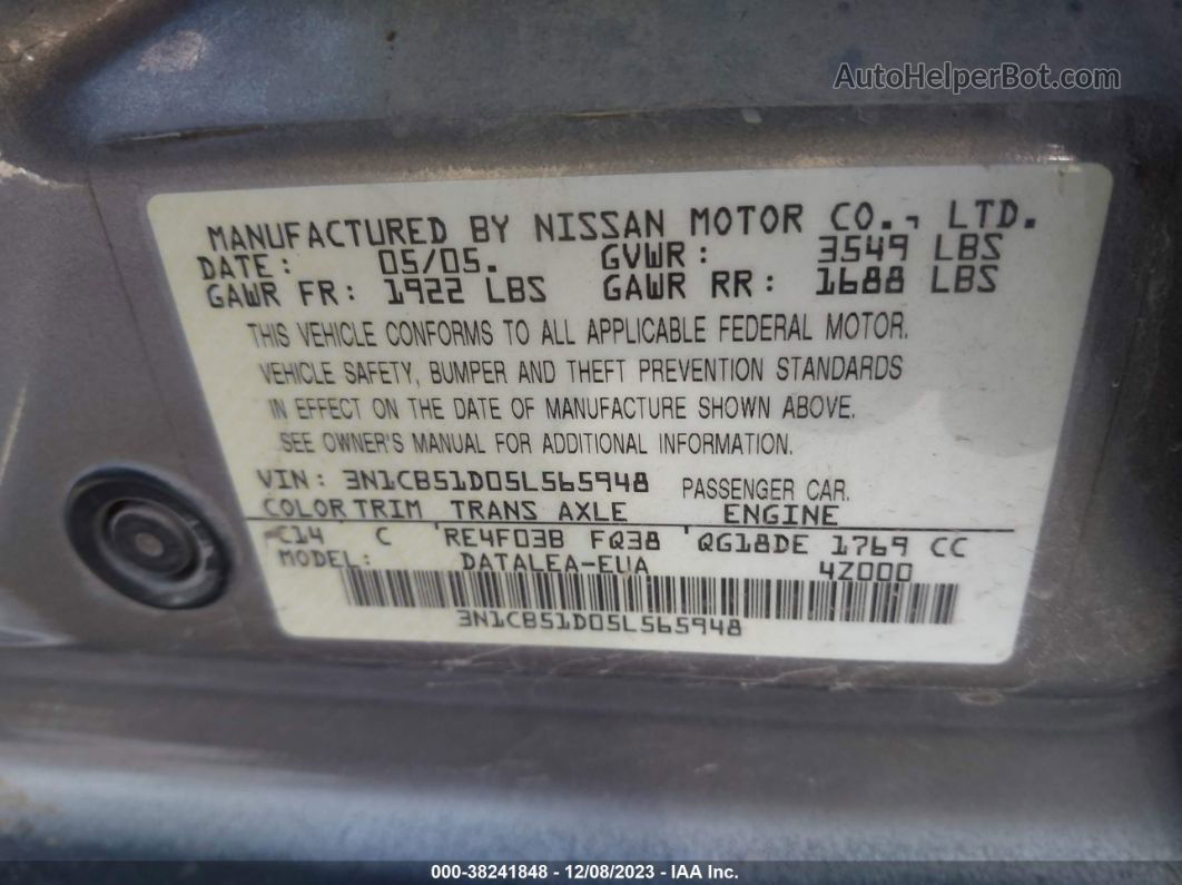 2005 Nissan Sentra 1.8s Gray vin: 3N1CB51D05L565948