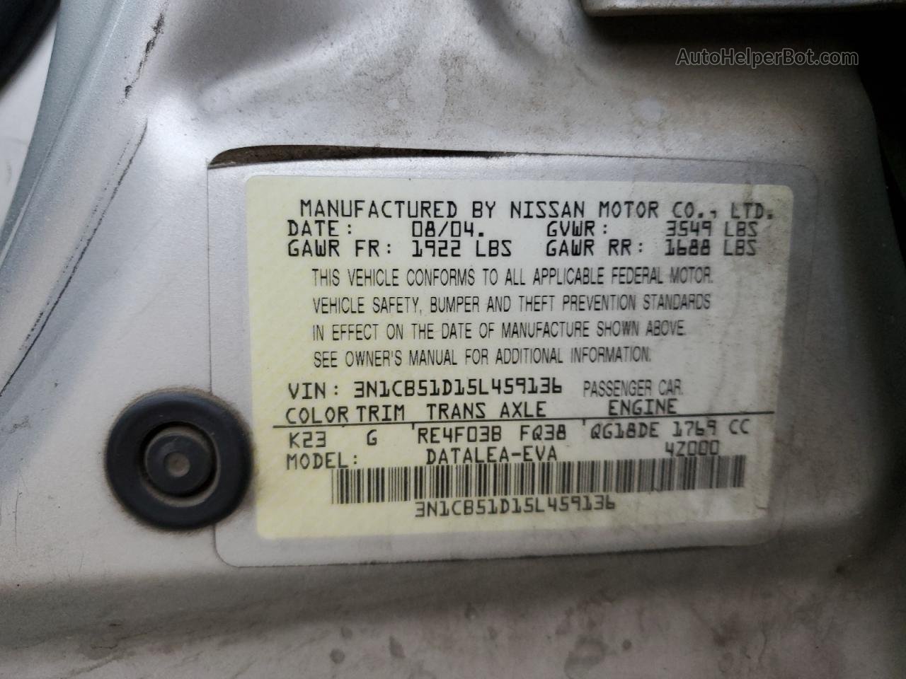 2005 Nissan Sentra 1.8 Серый vin: 3N1CB51D15L459136