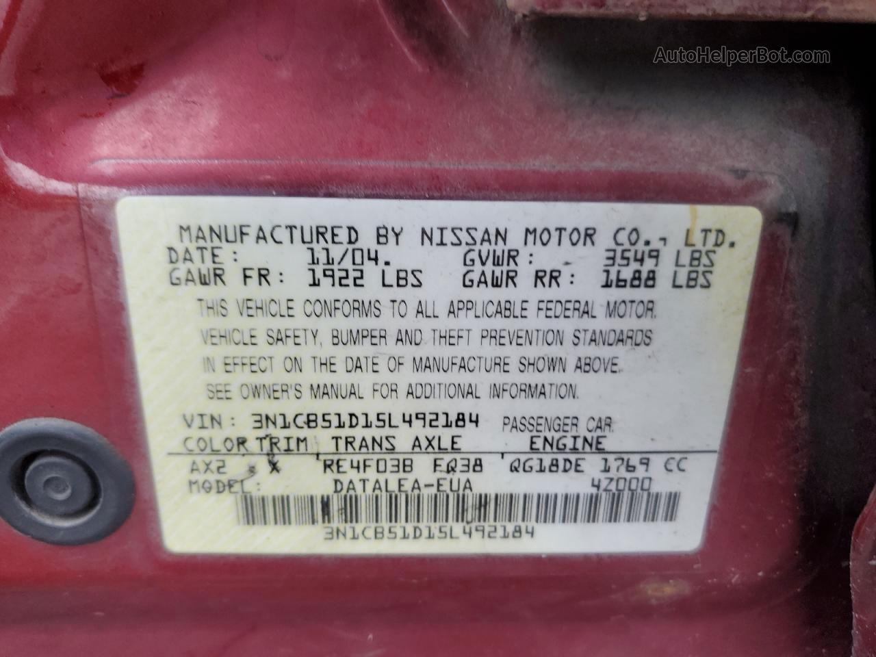 2005 Nissan Sentra 1.8 Red vin: 3N1CB51D15L492184