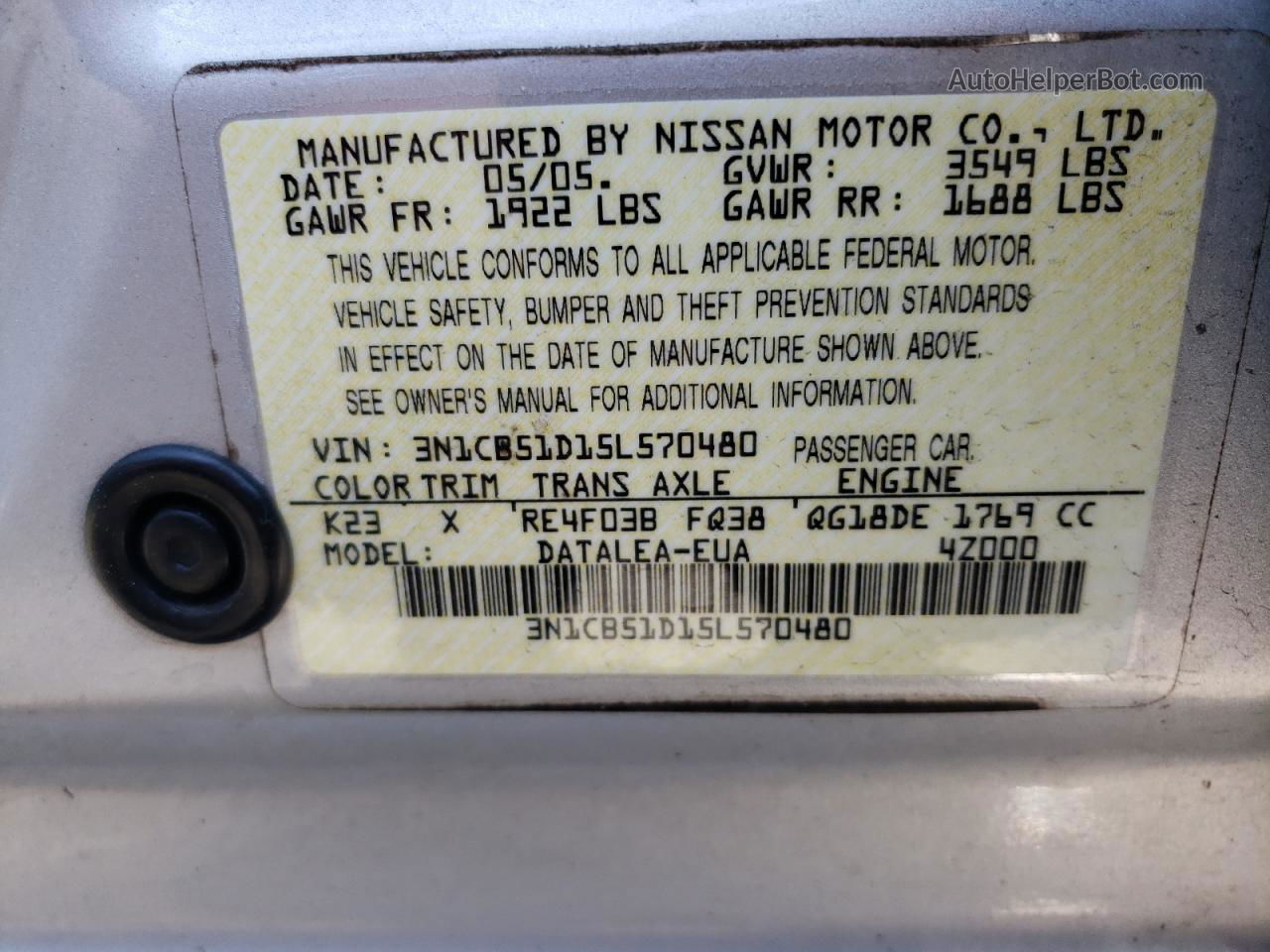 2005 Nissan Sentra 1.8 Silver vin: 3N1CB51D15L570480