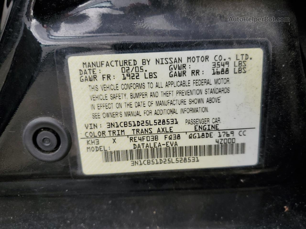 2005 Nissan Sentra 1.8 Black vin: 3N1CB51D25L528531