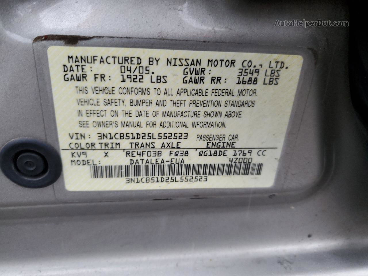 2005 Nissan Sentra 1.8 Gray vin: 3N1CB51D25L552523