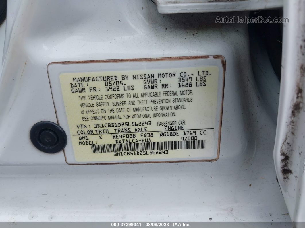 2005 Nissan Sentra 1.8 White vin: 3N1CB51D25L562243