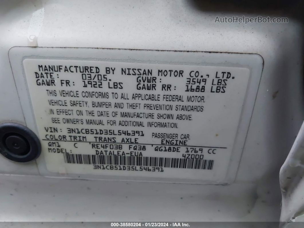 2005 Nissan Sentra 1.8s White vin: 3N1CB51D35L546391