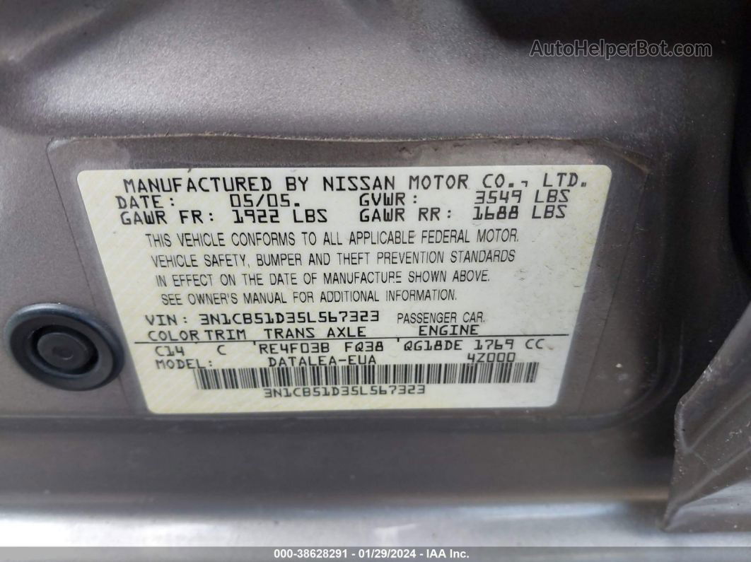 2005 Nissan Sentra 1.8s Gray vin: 3N1CB51D35L567323