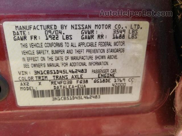2005 Nissan Sentra 1.8 Красный vin: 3N1CB51D45L462483