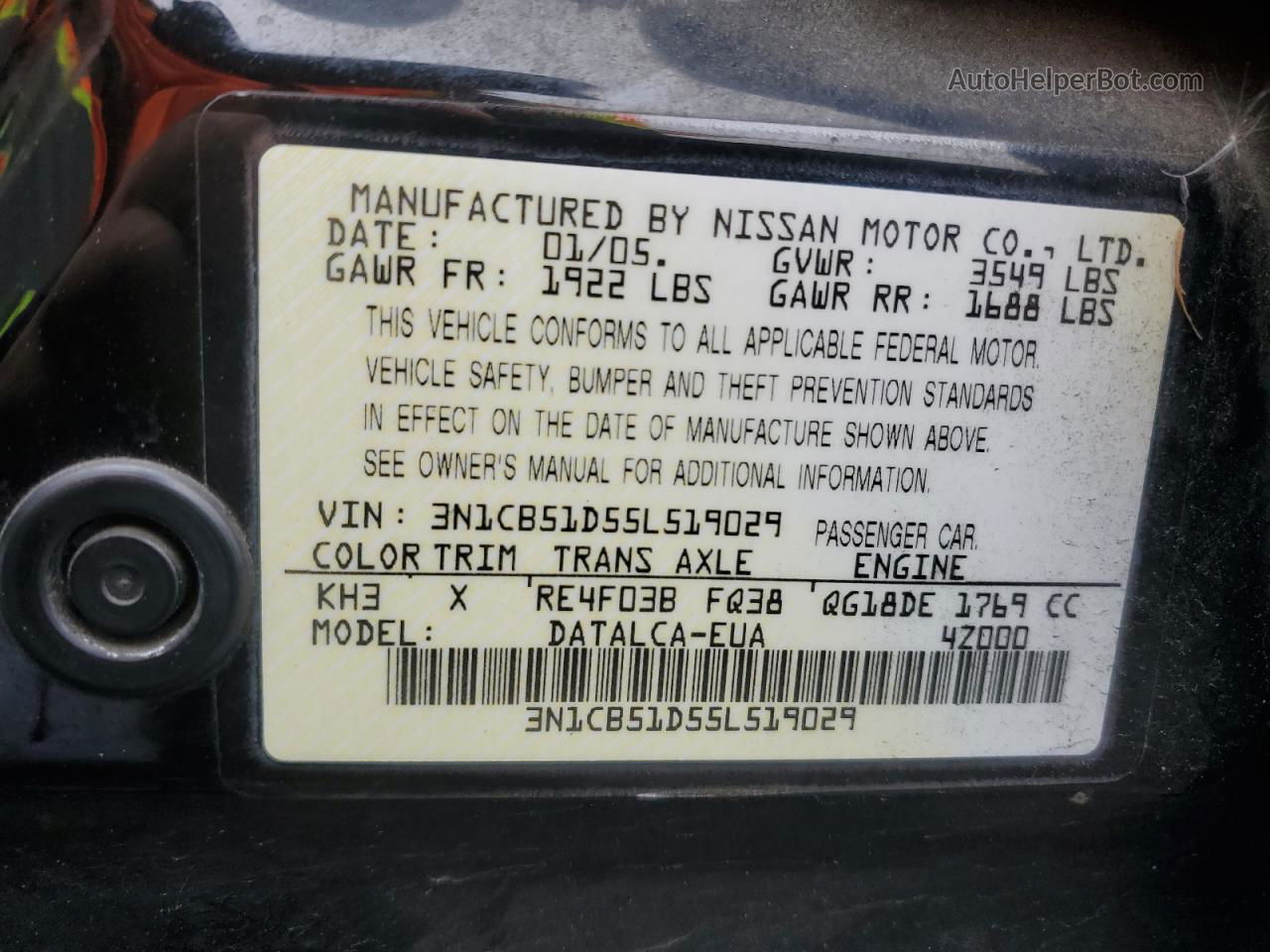 2005 Nissan Sentra 1.8 Black vin: 3N1CB51D55L519029