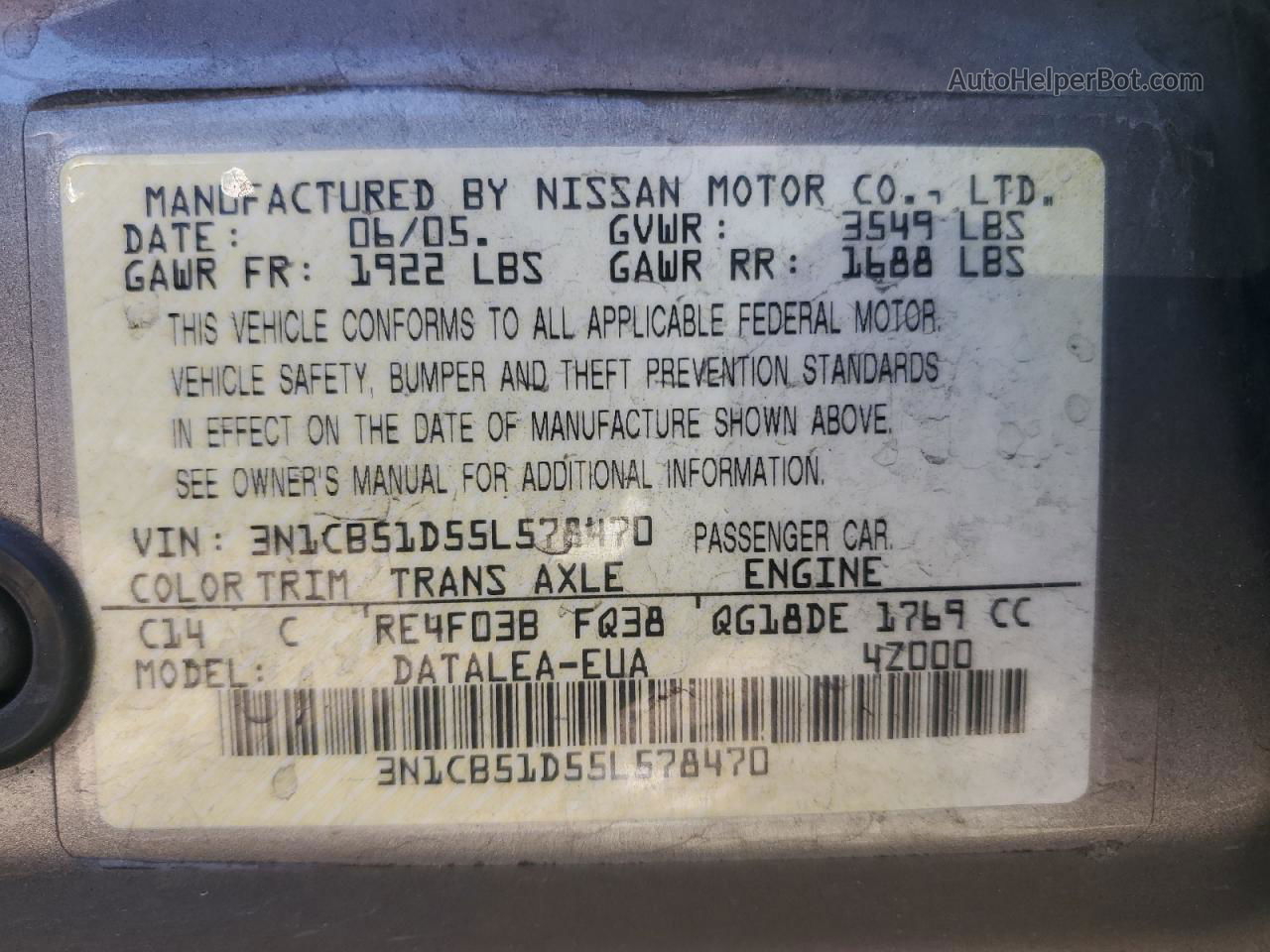 2005 Nissan Sentra 1.8 Tan vin: 3N1CB51D55L578470