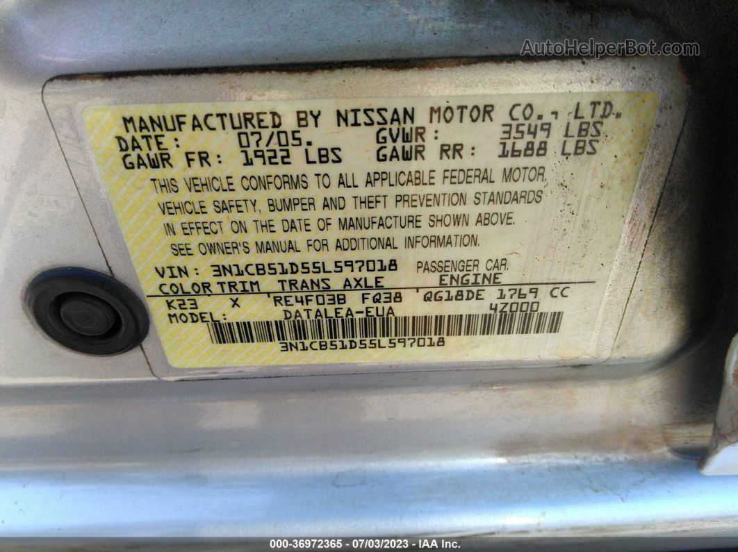 2005 Nissan Sentra 1.8 S Gray vin: 3N1CB51D55L597018