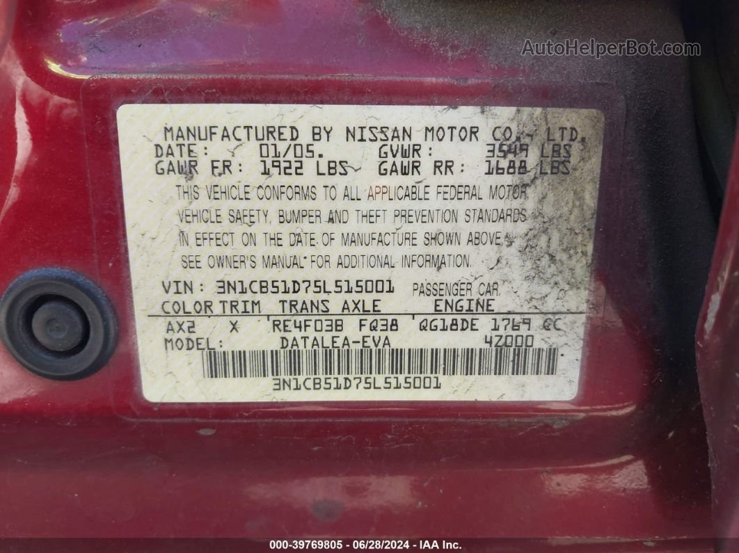 2005 Nissan Sentra 1.8s Red vin: 3N1CB51D75L515001