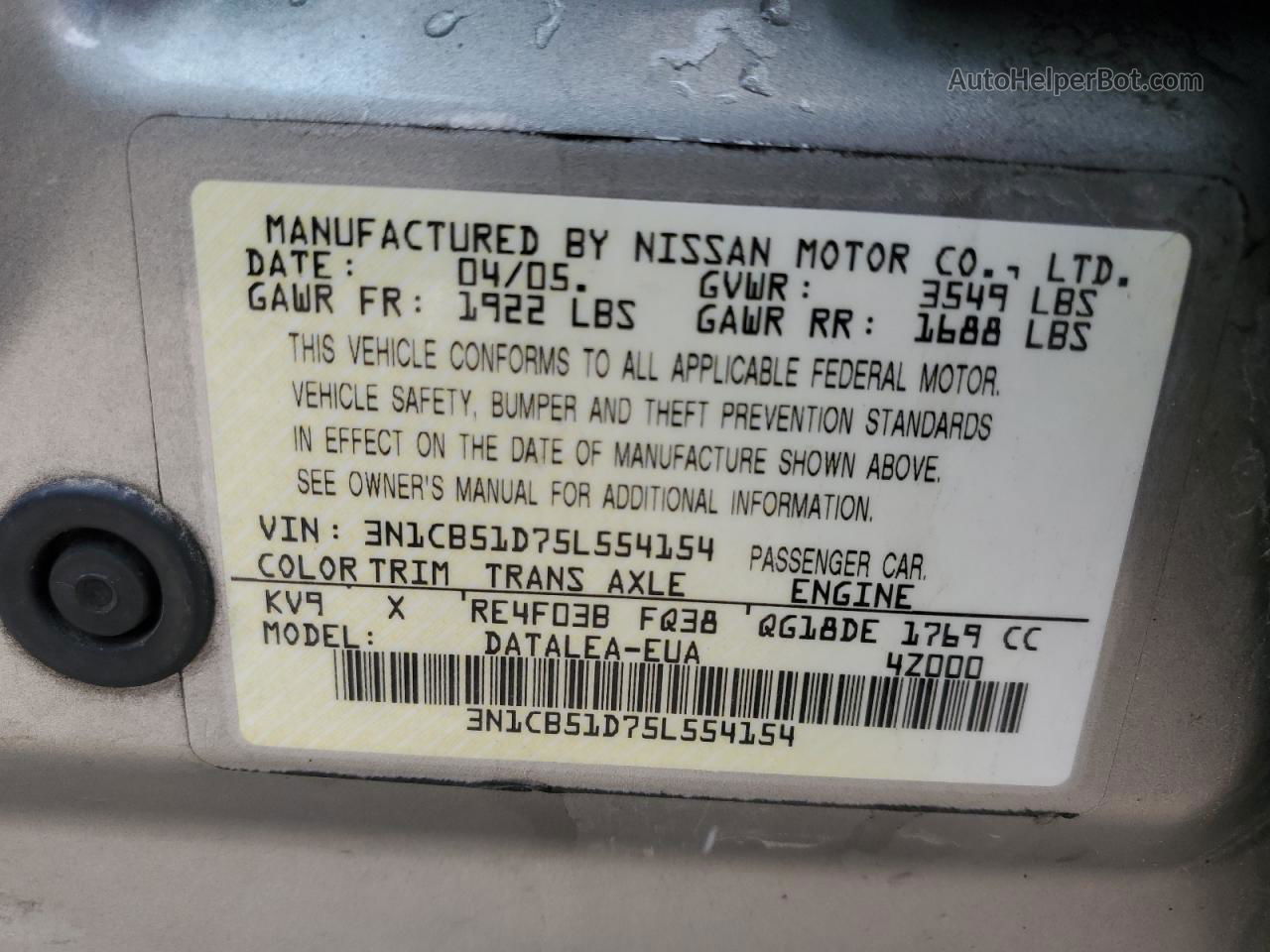 2005 Nissan Sentra 1.8 Gray vin: 3N1CB51D75L554154