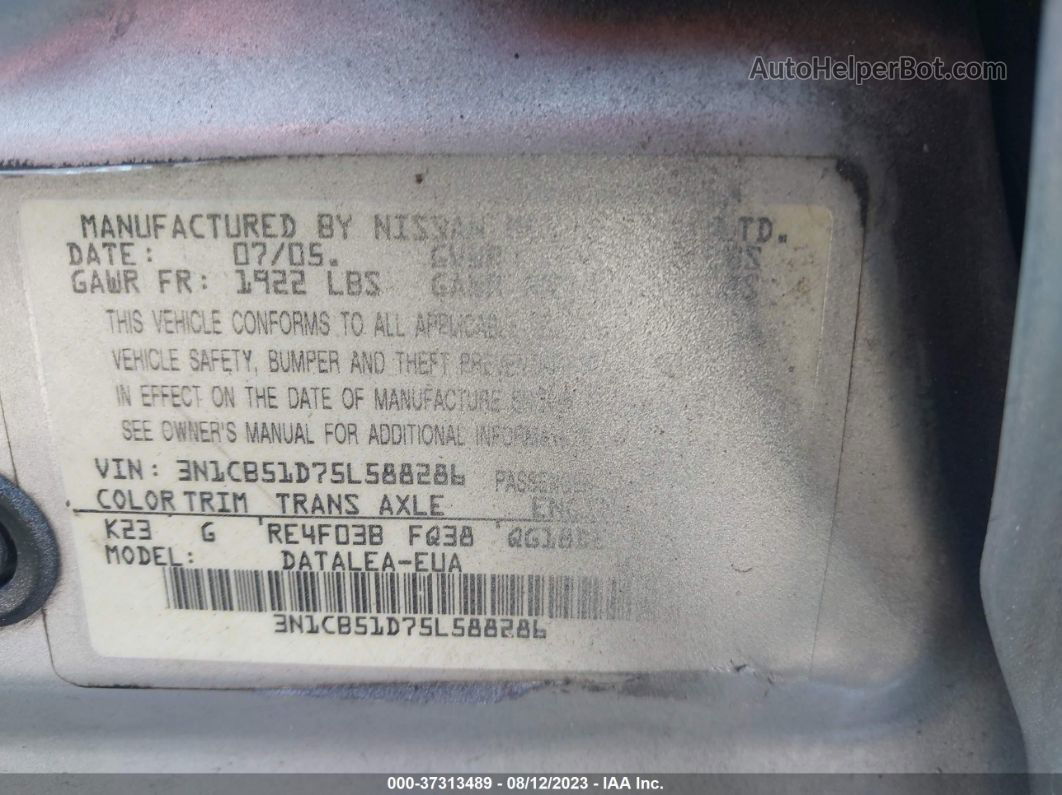 2005 Nissan Sentra 1.8 S Silver vin: 3N1CB51D75L588286