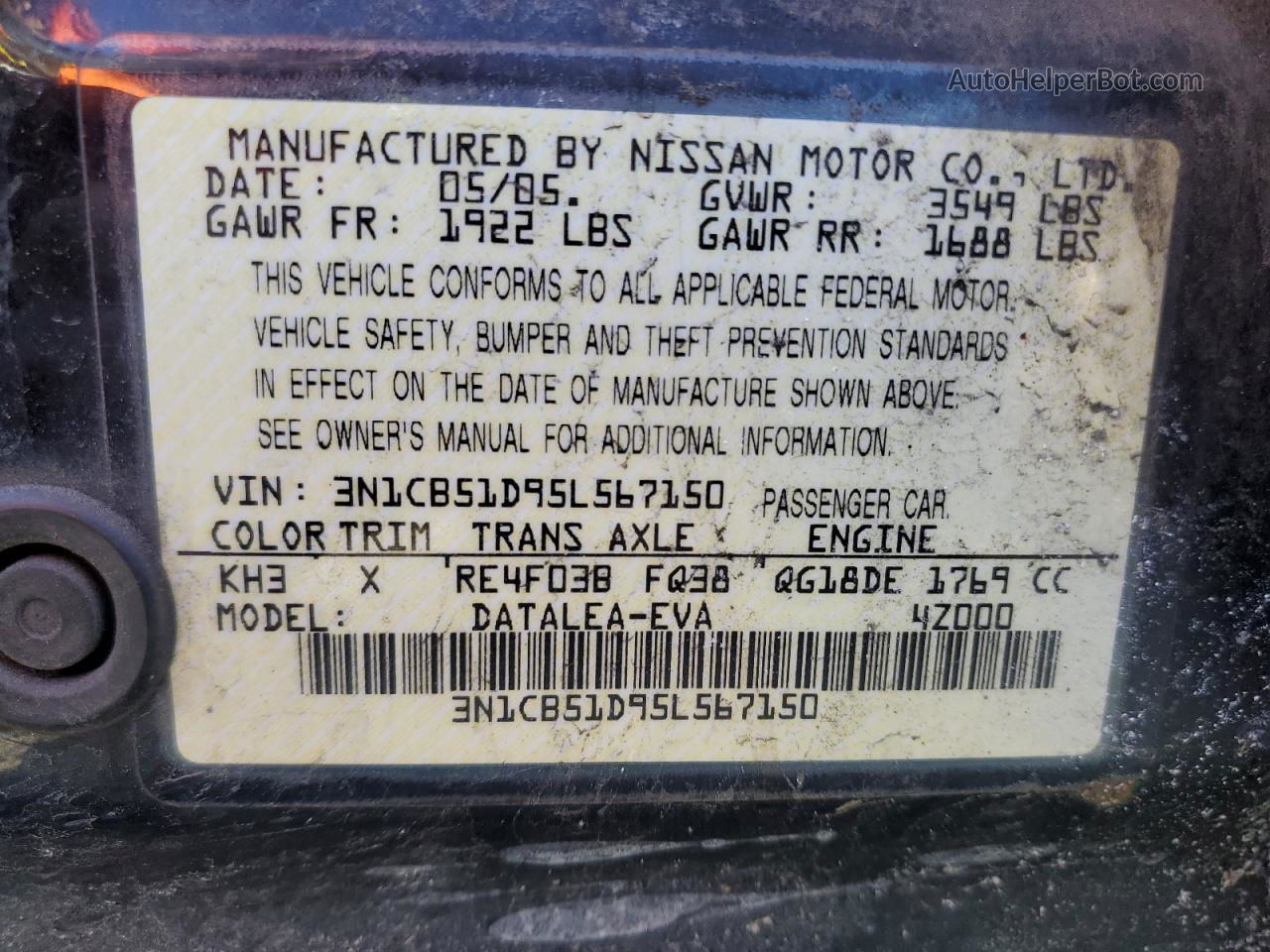 2005 Nissan Sentra 1.8 Black vin: 3N1CB51D95L567150