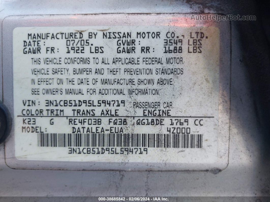 2005 Nissan Sentra 1.8s Silver vin: 3N1CB51D95L594719