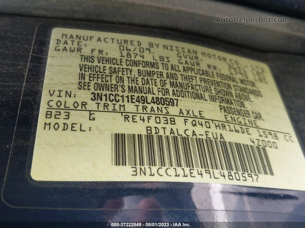 2009 Nissan Versa 1.6 Синий vin: 3N1CC11E49L480597