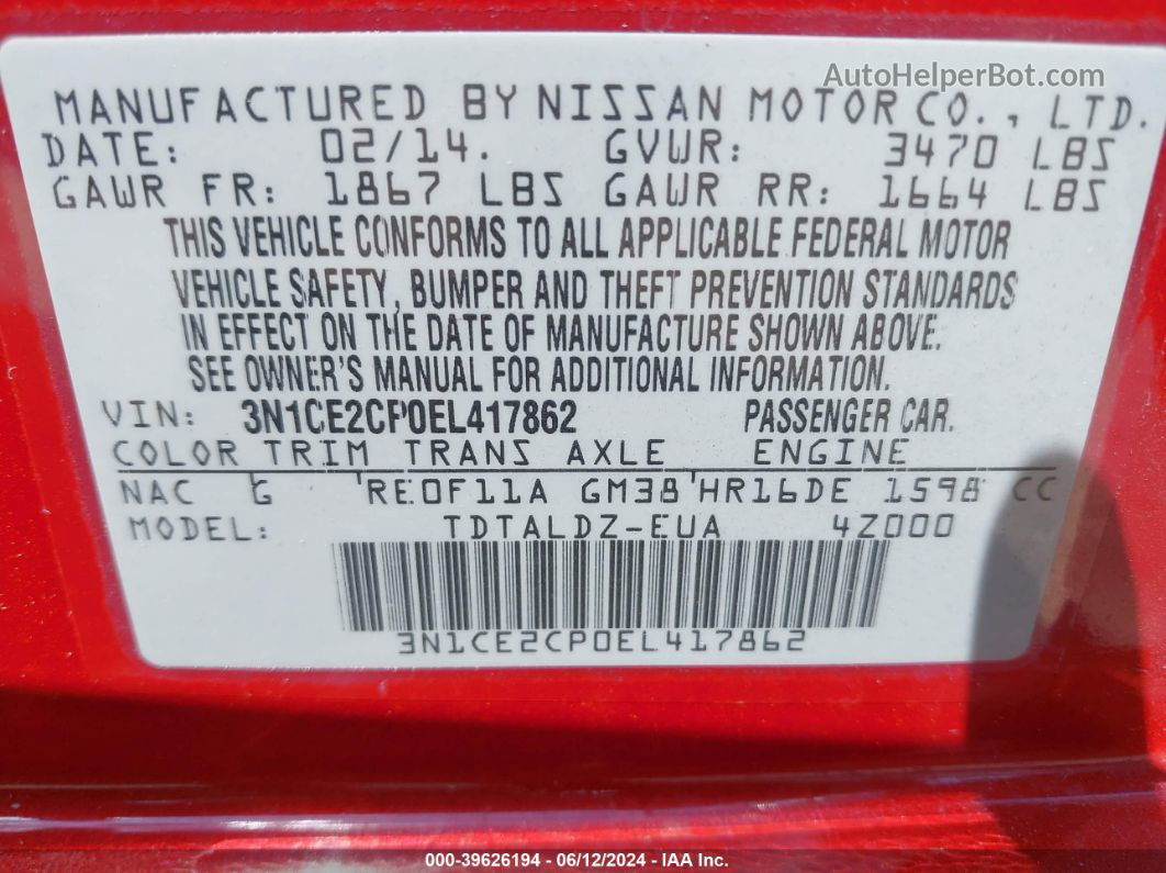 2014 Nissan Versa Note Sv Red vin: 3N1CE2CP0EL417862