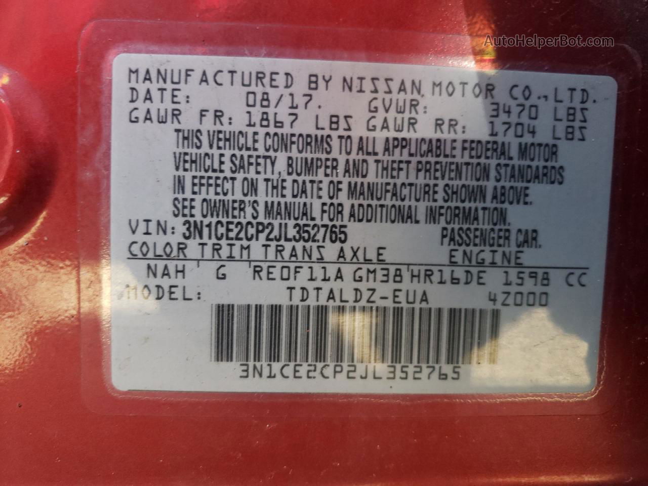 2018 Nissan Versa Note S Красный vin: 3N1CE2CP2JL352765