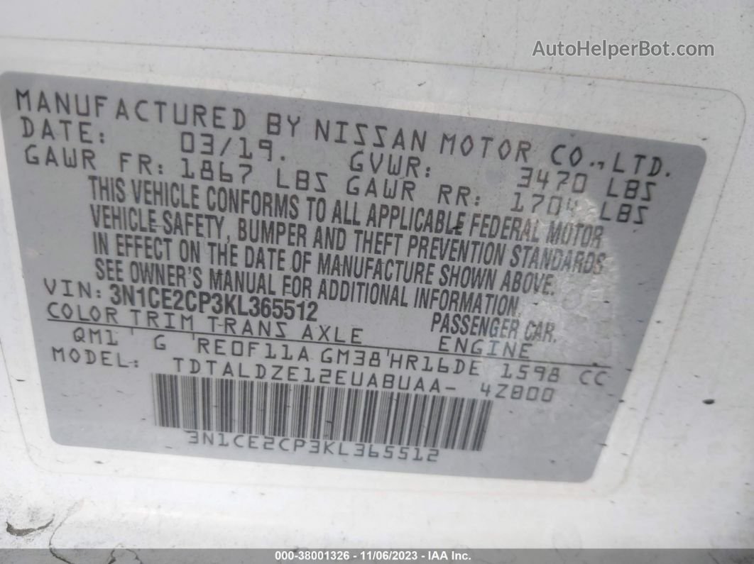 2019 Nissan Versa Note Sv White vin: 3N1CE2CP3KL365512
