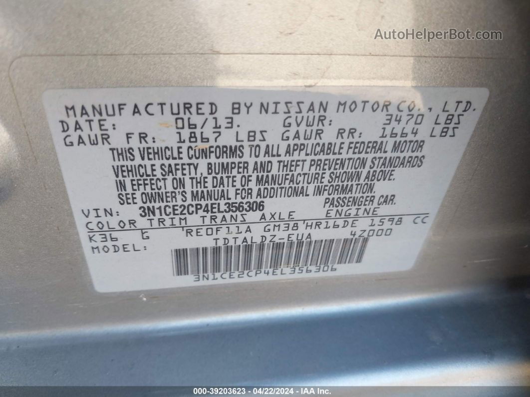 2014 Nissan Versa Note Sv Серый vin: 3N1CE2CP4EL356306