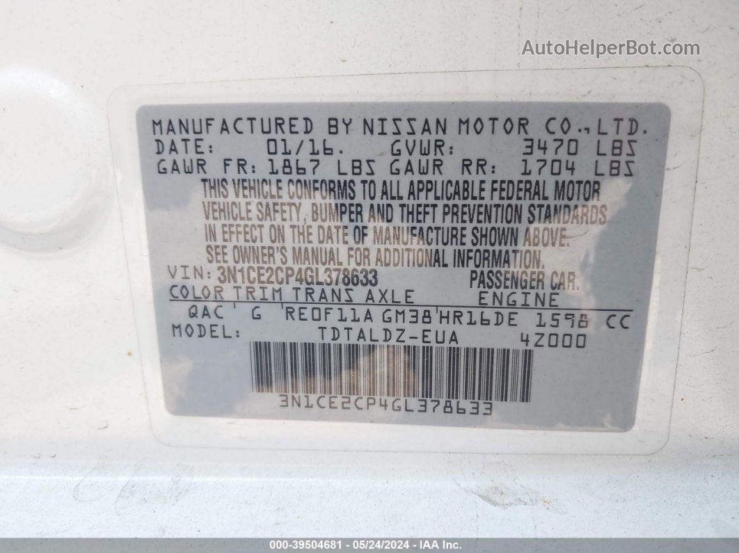 2016 Nissan Versa Note S (sr)/s Plus/sl/sr/sv Белый vin: 3N1CE2CP4GL378633