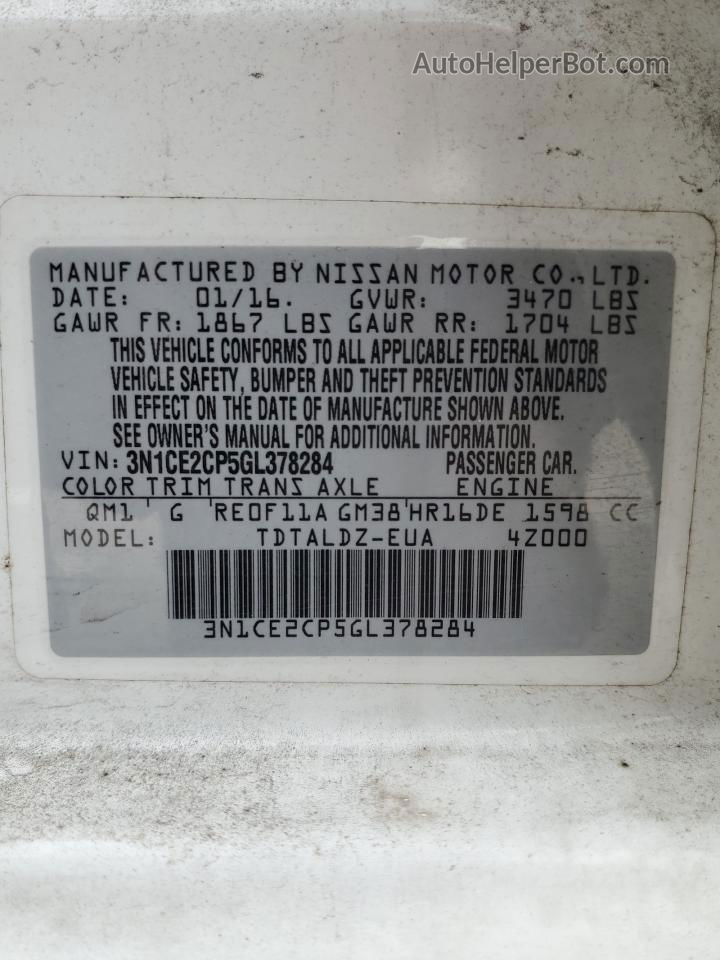 2016 Nissan Versa Note S White vin: 3N1CE2CP5GL378284