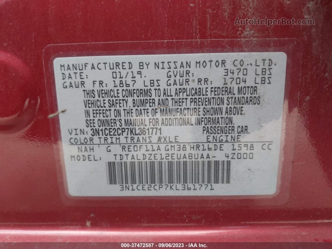 2019 Nissan Versa Note Sv Red vin: 3N1CE2CP7KL361771