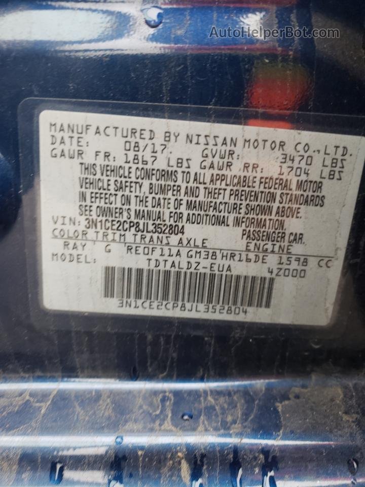 2018 Nissan Versa Note S Синий vin: 3N1CE2CP8JL352804