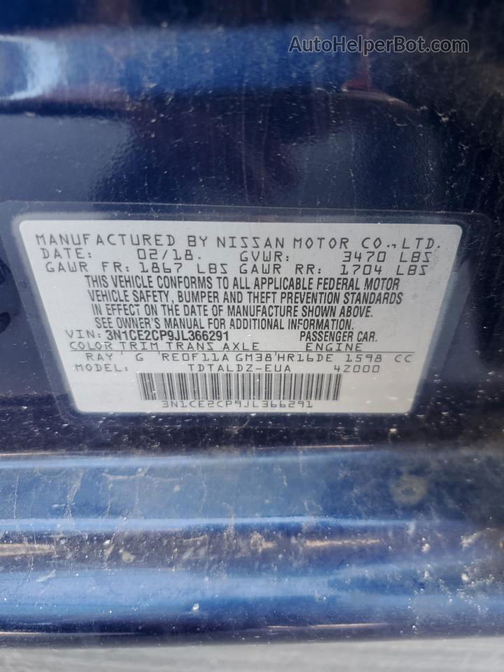 2018 Nissan Versa Note S Синий vin: 3N1CE2CP9JL366291