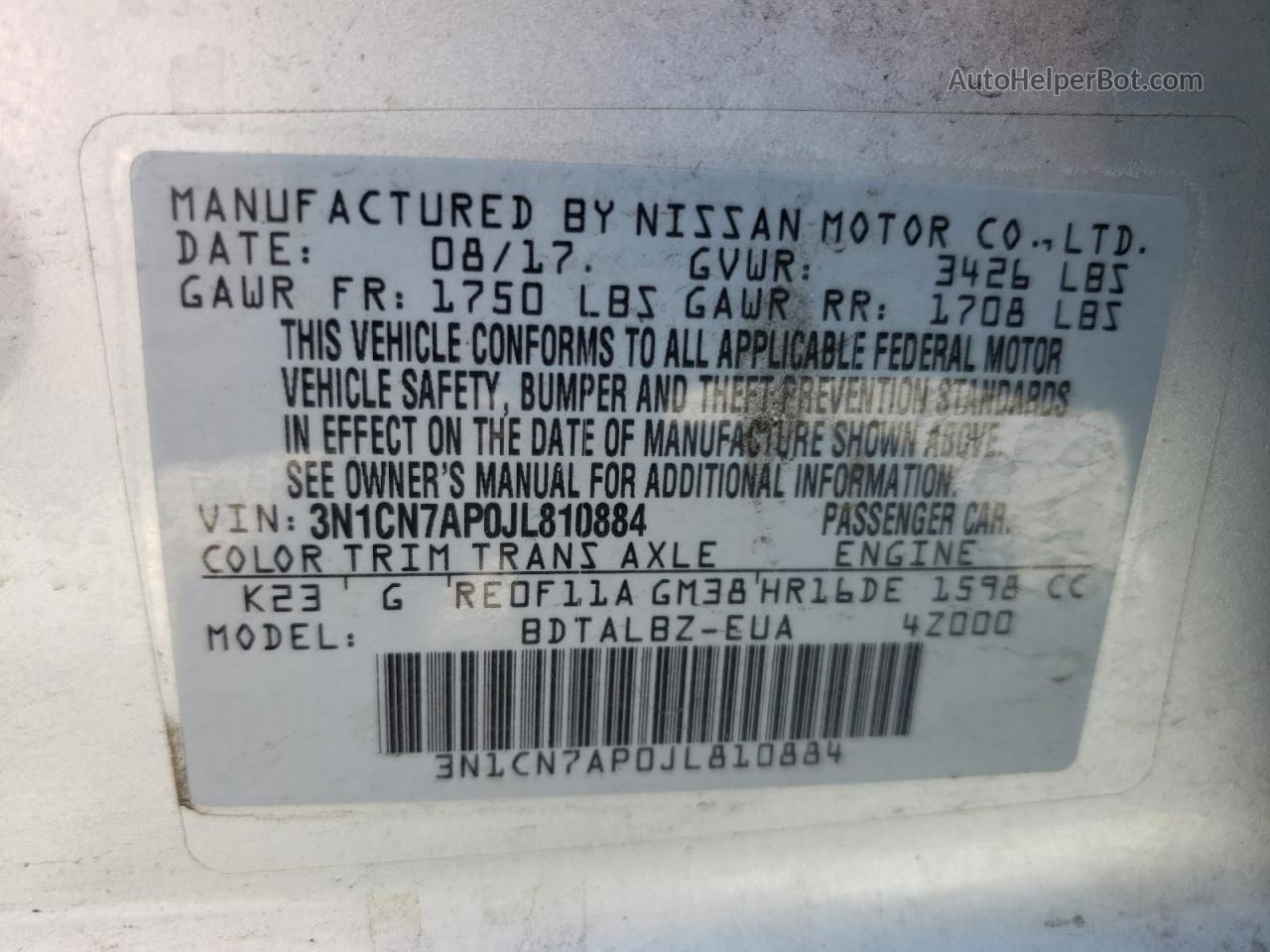 2018 Nissan Versa S Silver vin: 3N1CN7AP0JL810884