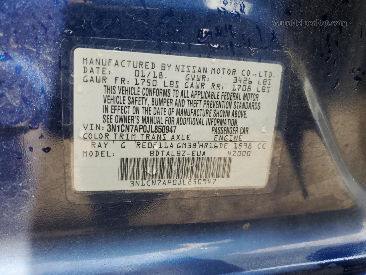 2018 Nissan Versa S Синий vin: 3N1CN7AP0JL850947
