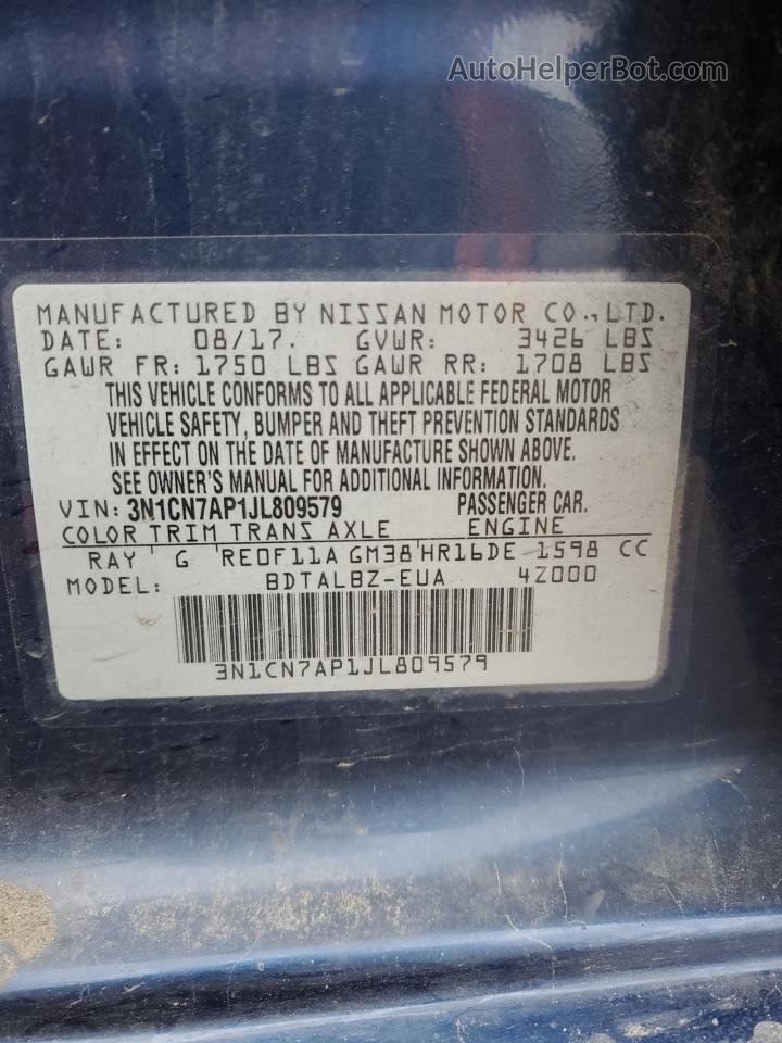 2018 Nissan Versa S Синий vin: 3N1CN7AP1JL809579