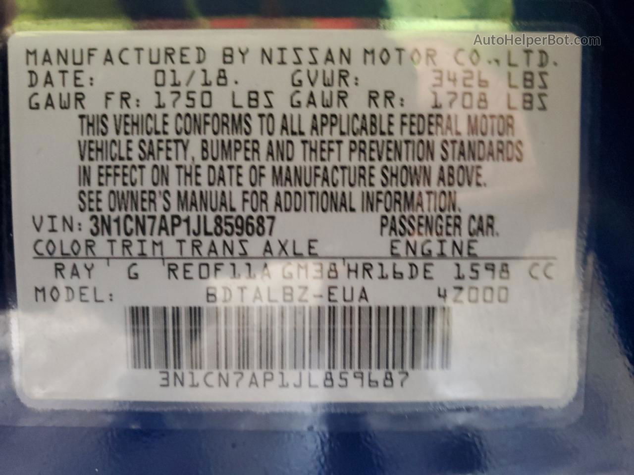 2018 Nissan Versa S Blue vin: 3N1CN7AP1JL859687