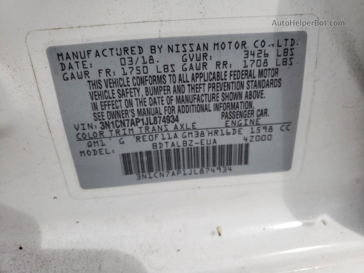 2018 Nissan Versa S White vin: 3N1CN7AP1JL874934